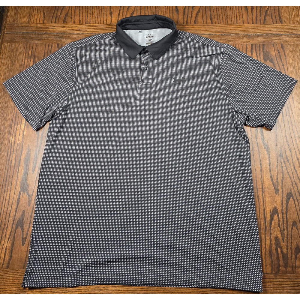 Under Armour Mens XL HeatGear Polo Shirt Black White Geometric Golf Performance